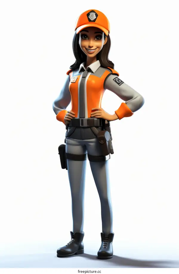 Cartoon of a Woman Security Guard Wearing an Orange Uniform
