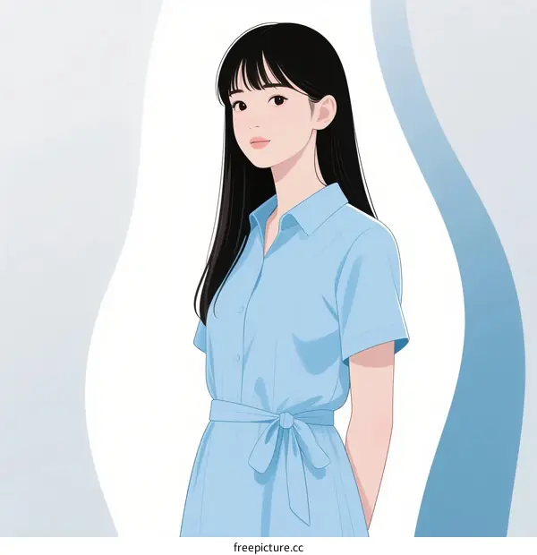 A Young Asian Woman in a Light Blue Dress with Long Black Hair