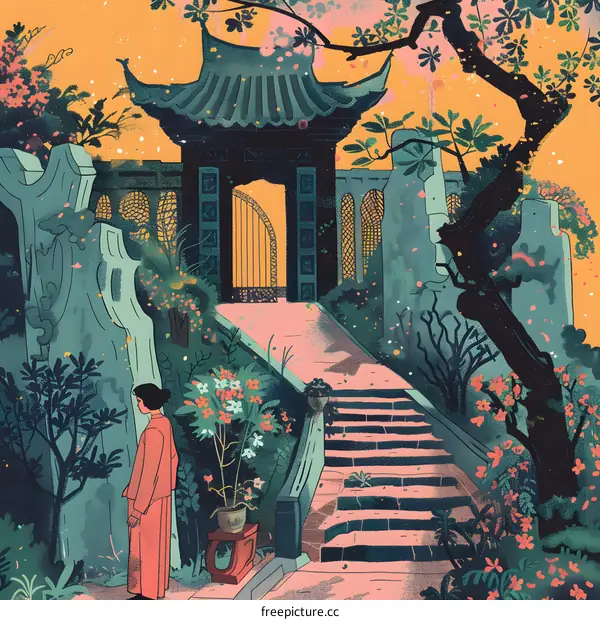 Chinese Garden with Woman in Traditional Dress