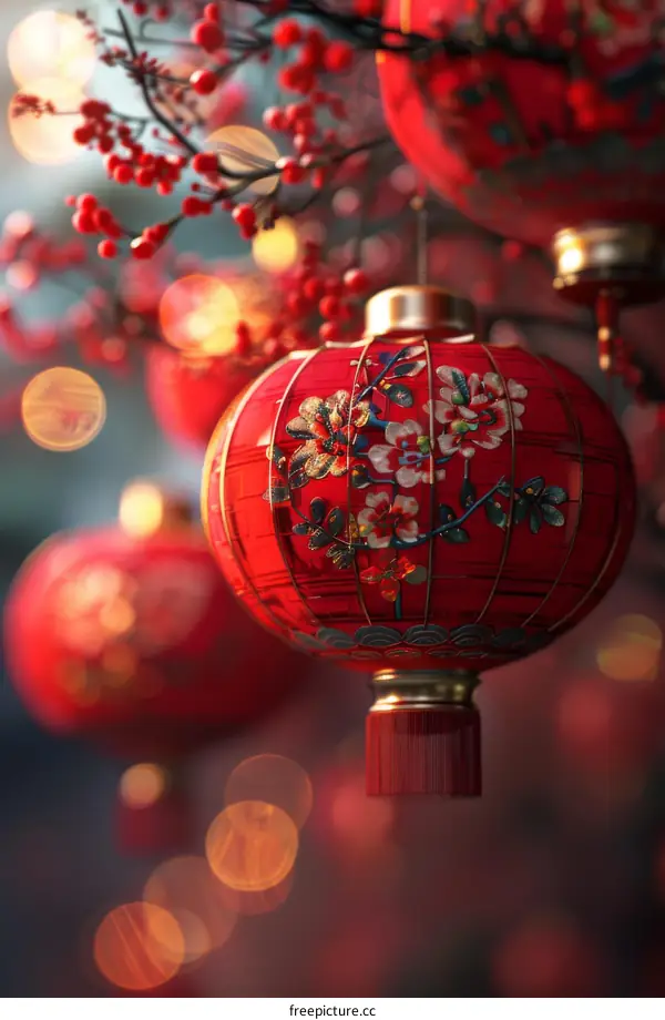 Red Chinese Lanterns Adorning a Tree Branch