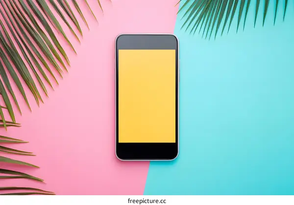 Smartphone Mockup with Palm Leaves on Pink and Blue Background