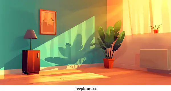 Cartoon Illustration of a Room with Sunlight Streaming Through a Window
