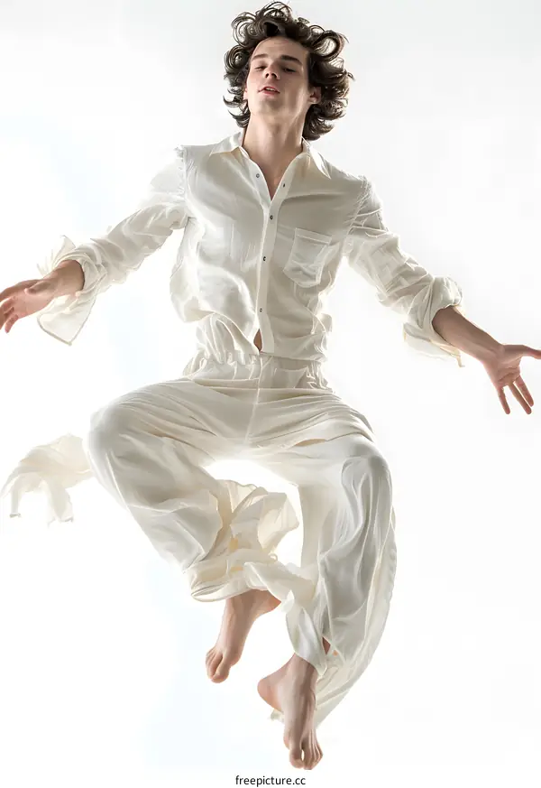 Young Man in White Jumpsuit Leaping in the Air