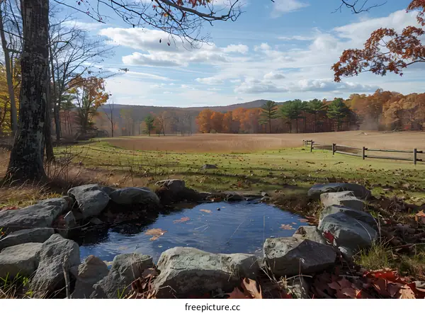 A pond in the middle of a field with autumn trees in the background