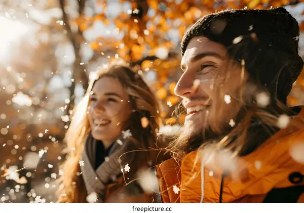 Couple Smiling In The Snow With Autumn Leaves Falling