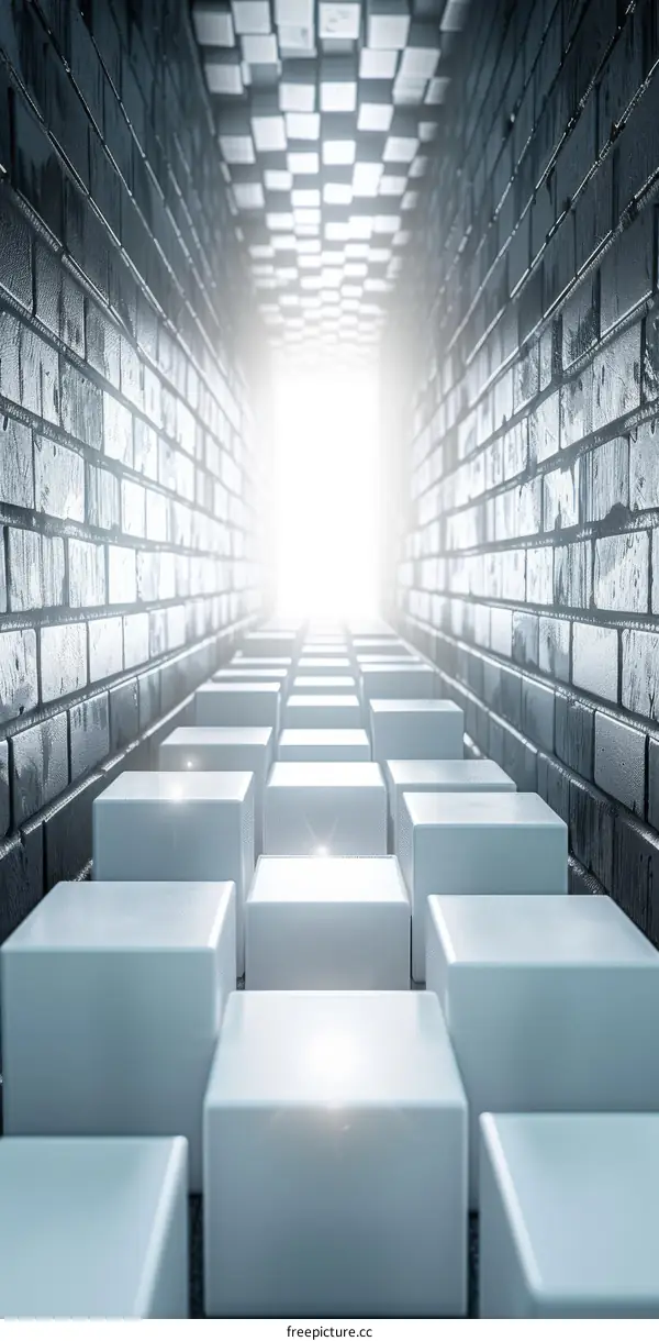 3D rendering of a long dark hallway with bright white light at the end of the hall