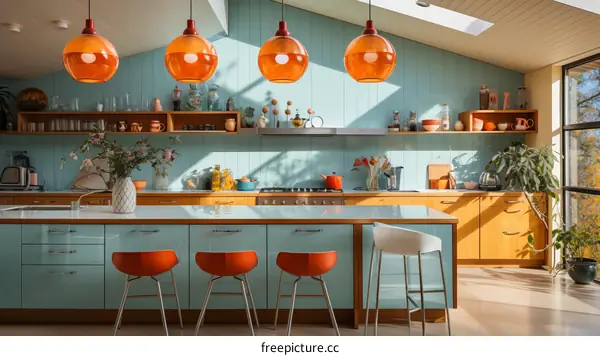 Retro kitchen with orange accents and blue cabinets