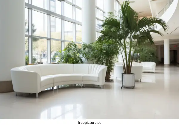 White leather sofas in a large, bright hospital atrium