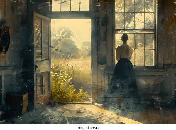 Woman standing in a ruined house looking out at a field