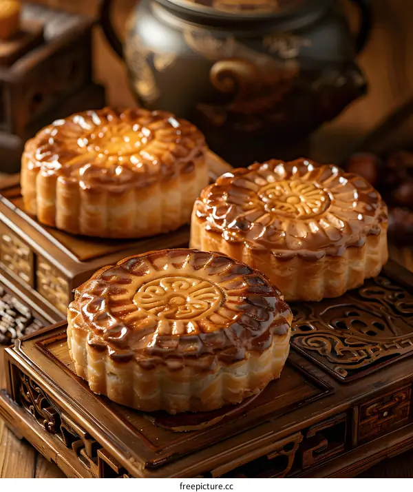 Close Up of Delicious Chinese Mooncakes on Wooden Tray