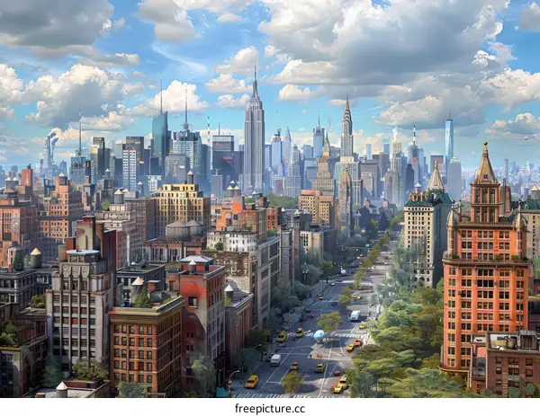 New York City Skyline Aerial View Illustration