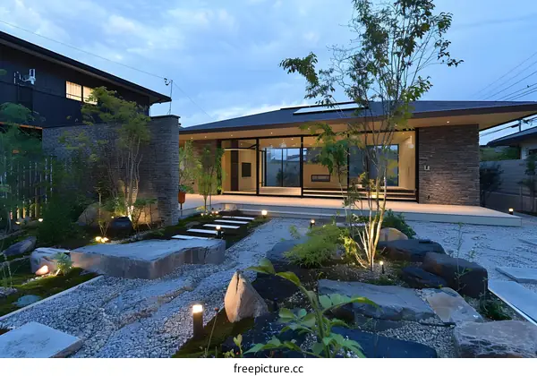 Modern Japanese House with Stone Garden and Lighting