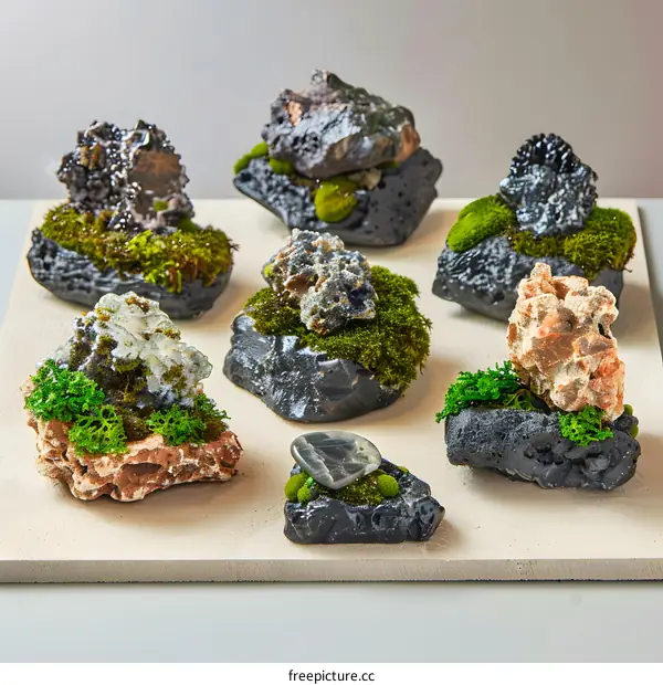 Collection of Miniature Rocks with Moss on White Background