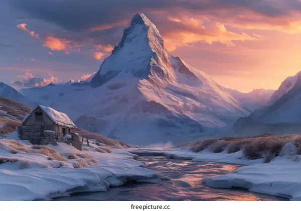 A majestic snow capped mountain with a house in the foreground and a river flowing through the valley below