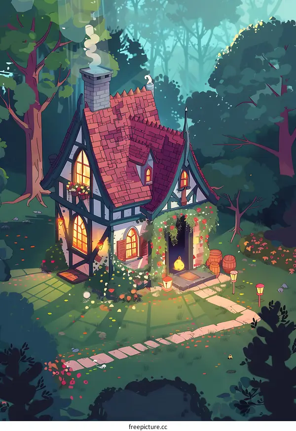 Charming Cottage in the Woods at Dusk