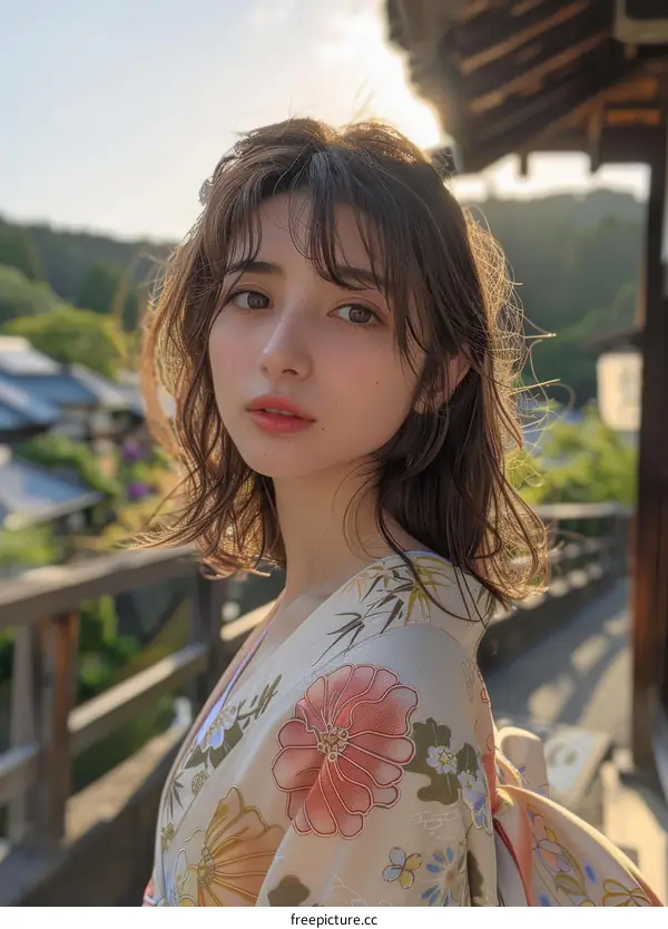 Asian Woman Wearing Traditional Japanese Kimono Outdoors