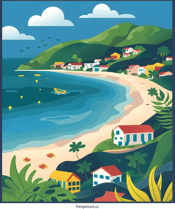 Tropical Coastal Village Illustration