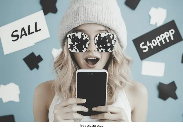 Excited Woman Shopping Online with Smartphone