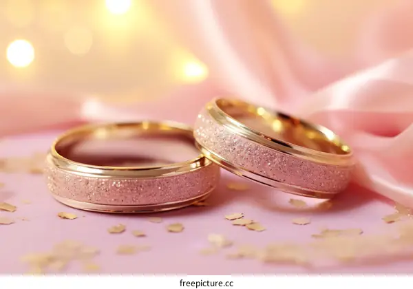 Pink and Gold Wedding Rings with Confetti