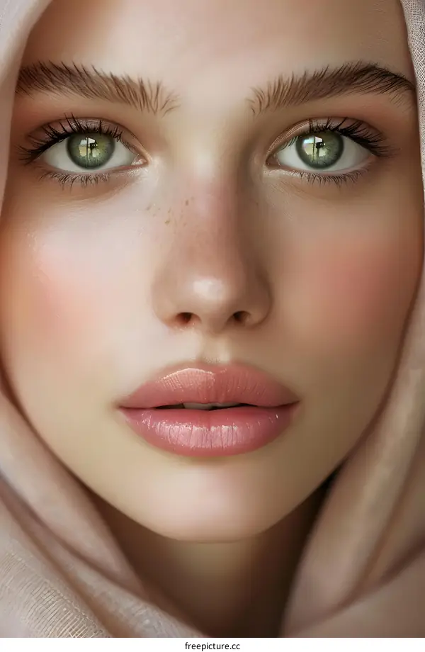 Close-up portrait of a beautiful young woman with green eyes and freckles