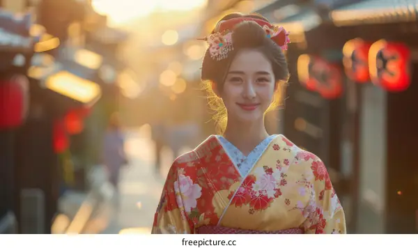 Portrait of a beautiful Japanese woman in traditional kimono smiling at the camera
