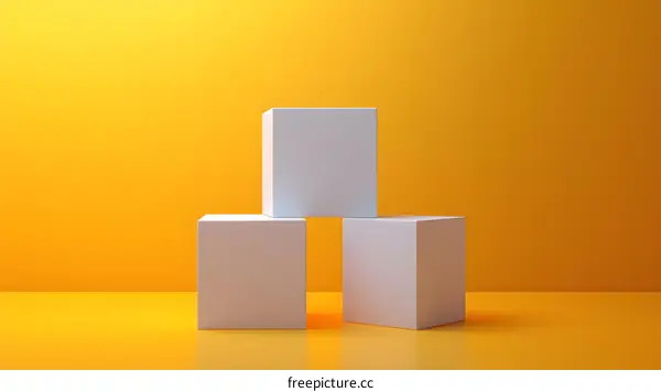 Three white cubes on a yellow background