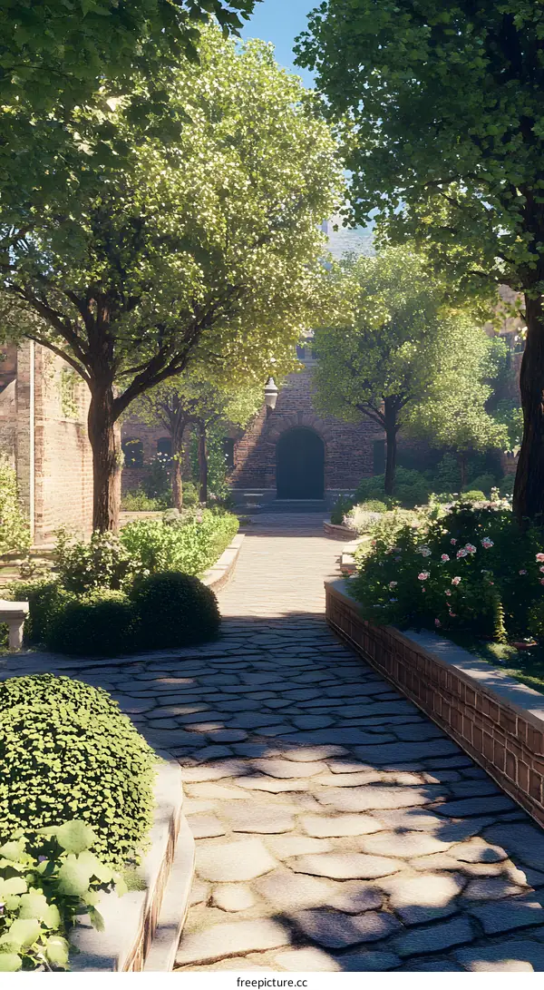 Stone Pathway Through Lush Courtyard With Brick Walls and Trees