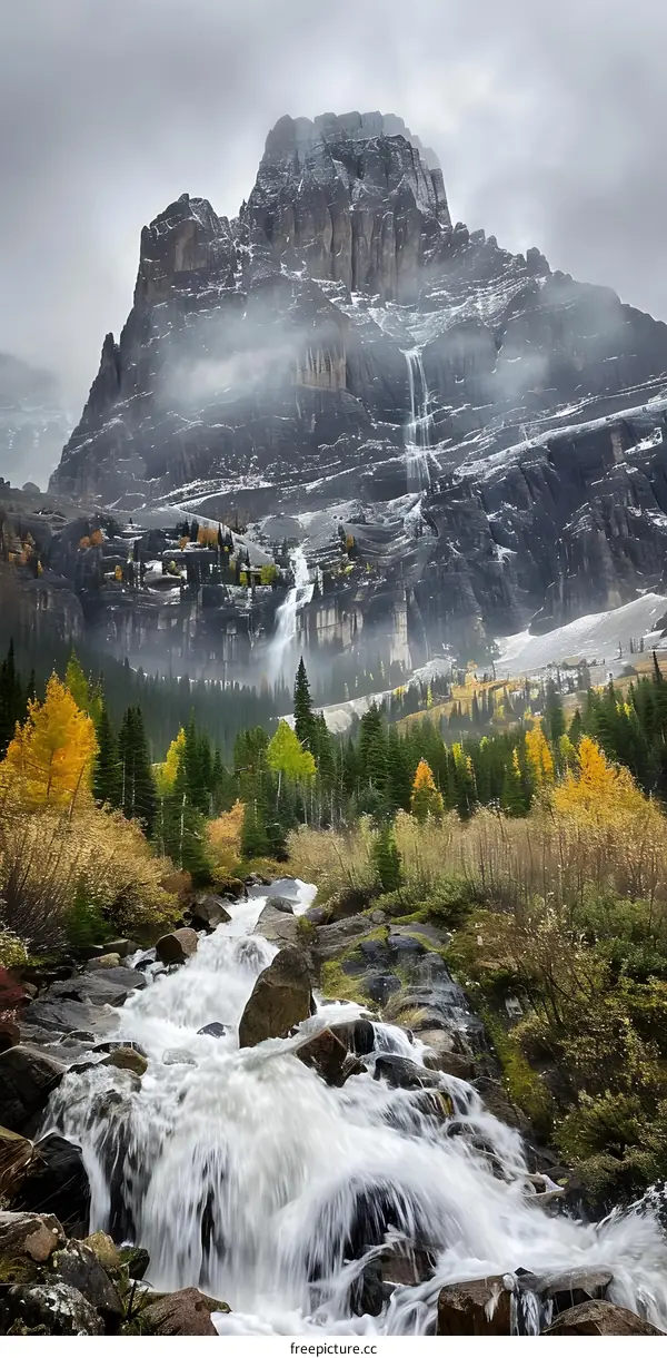 Waterfall Flowing Through Rocky Mountains