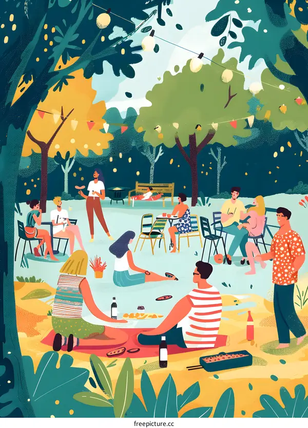 Summer Picnic Illustration with Friends in a Garden
