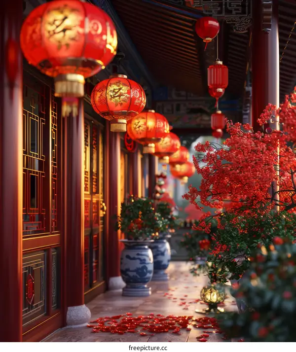 Red Lanterns Adorning Buildings Creating a Festive Atmosphere