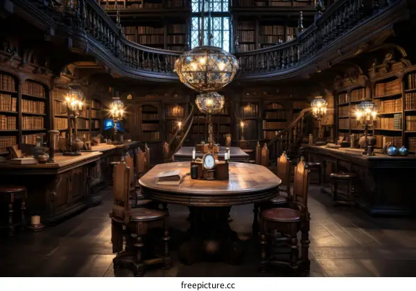Majestic Library with Grand Wooden Table and Bountiful Bookshelves