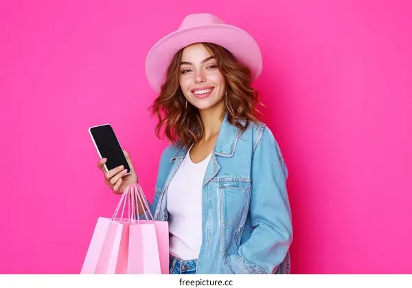 Smiling Woman Holding Phone and Shopping Bags Against Pink Background