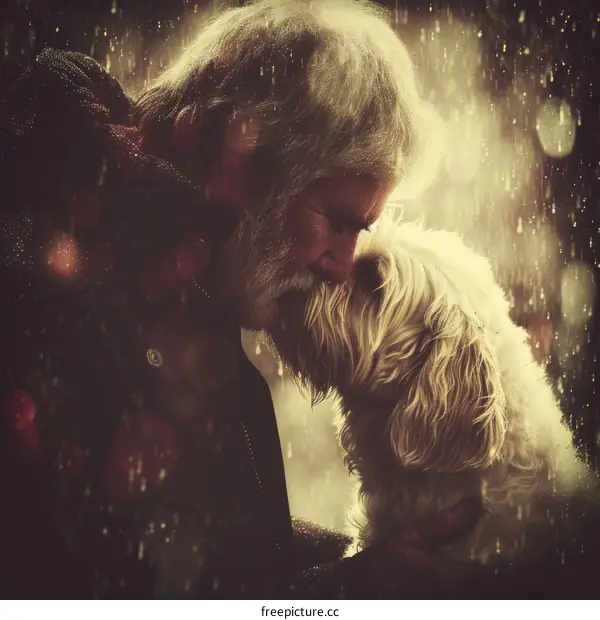 An old man and his dog are standing in the rain.