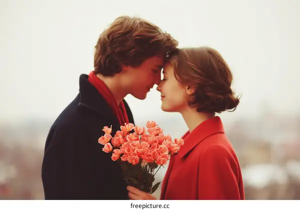 Couple sharing a loving moment with flowers