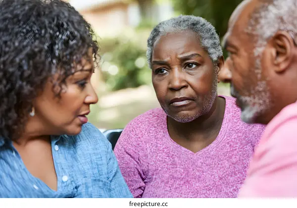 Three African American People Talking and Looking at Each Other During Outdoor Conversation