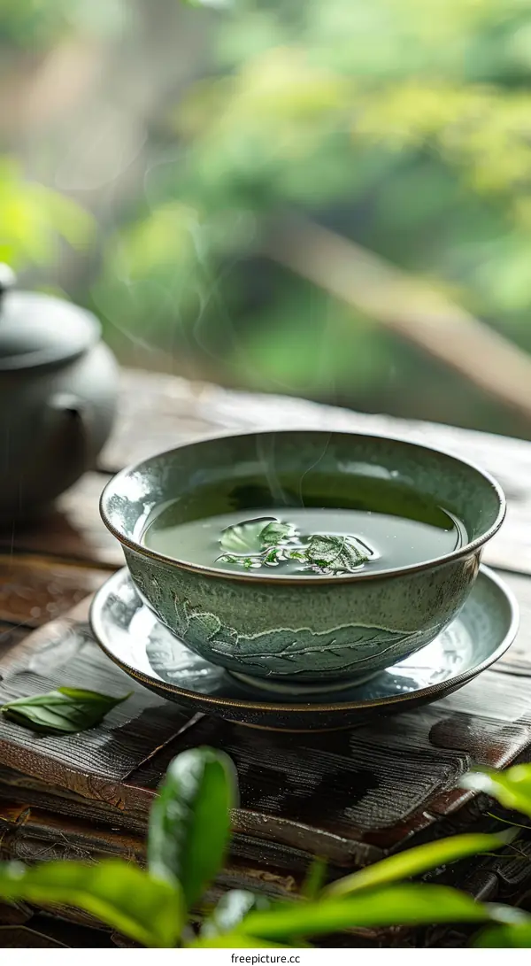 Green Tea in a Celadon Cup with Green Leaves