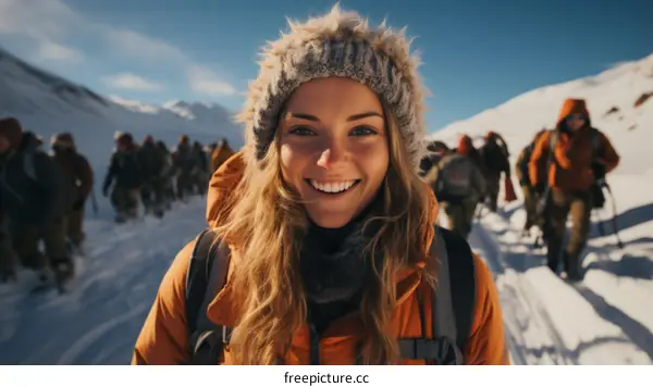 Smiling woman in winter gear surrounded by people in the snow
