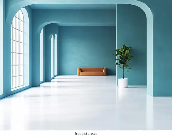 Modern Empty Interior Design With Teal Walls and a Light Orange Sofa