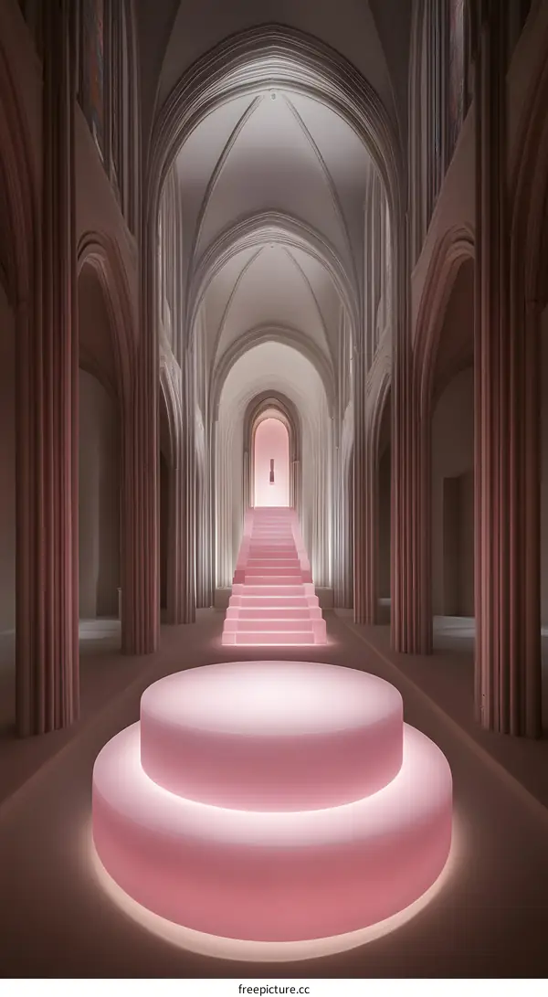 Pink Staircase in a Gothic Architecture Hallway