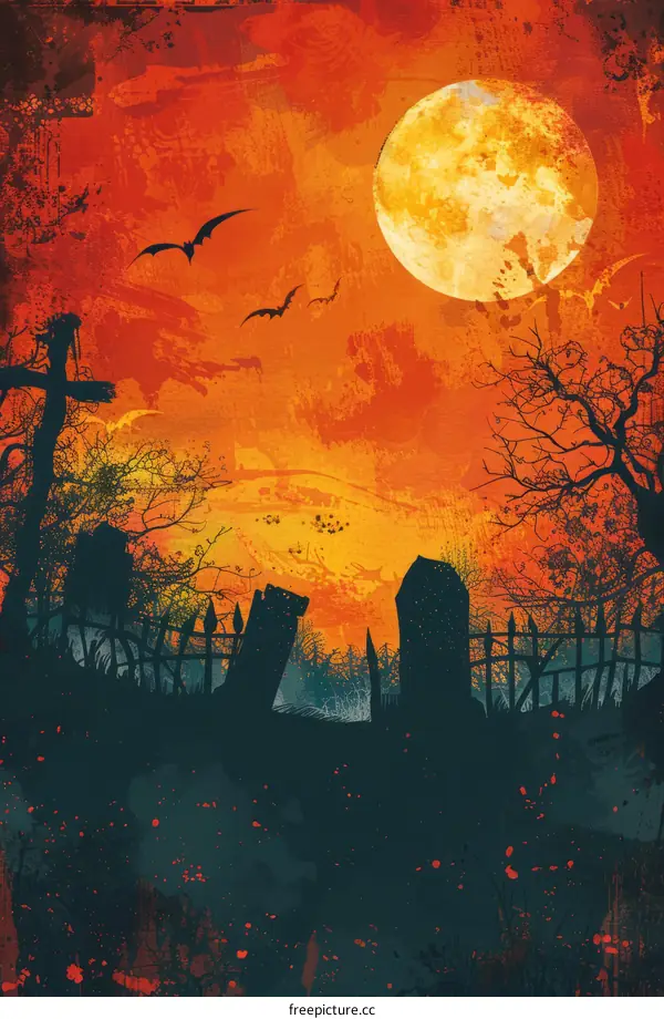 Graveyard at night with a full moon and bats