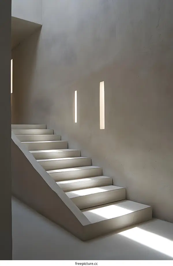 White Concrete Stairs with Light Shining Through Wall