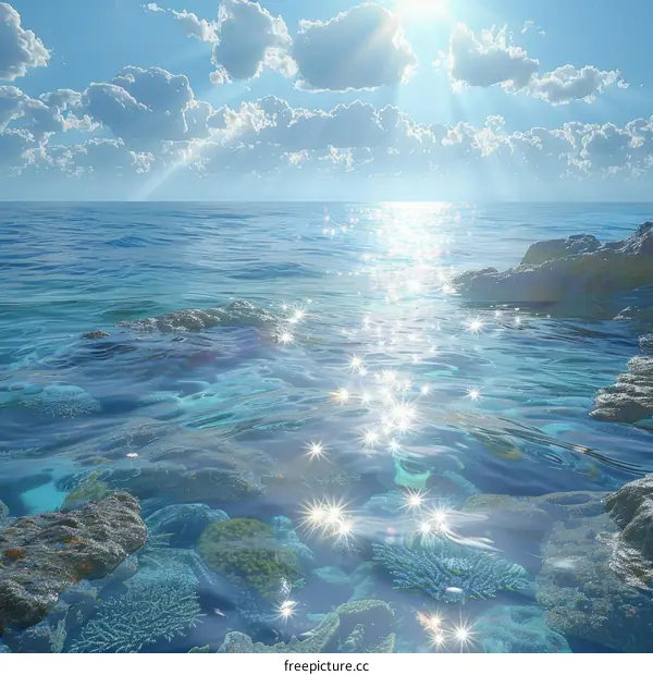 Underwater world of vibrant coral reefs and sunlight beams