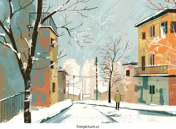 Snowy Street in City with One Person Walking