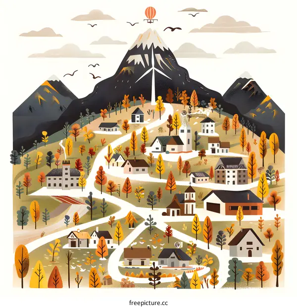 Autumn Village Illustration with Mountain and Hot Air Balloon