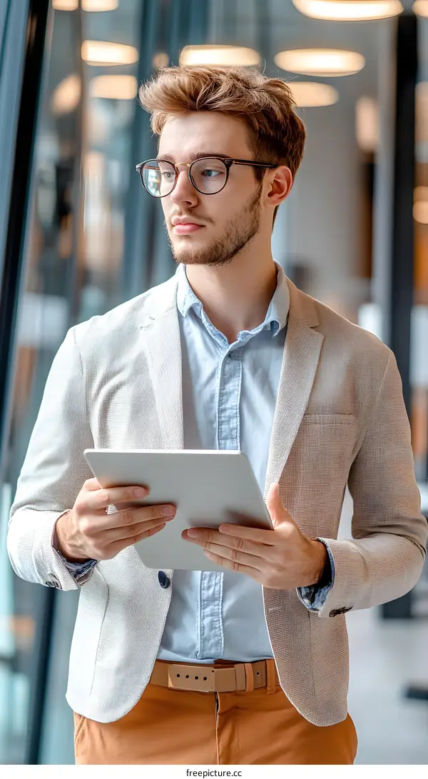 Young Businessman in a Suit Using a Tablet in an Office