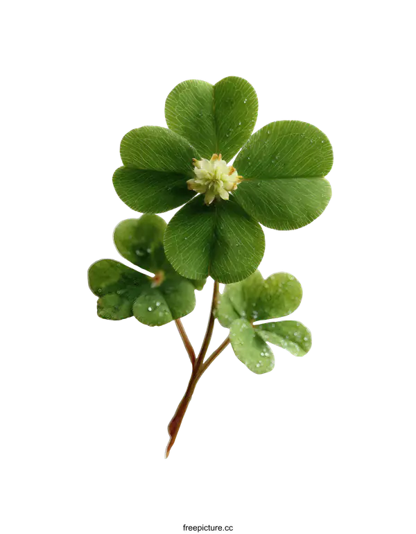 [Transparent Background PNG]Close Up of a Four-Leaf Clover with Water Droplets
