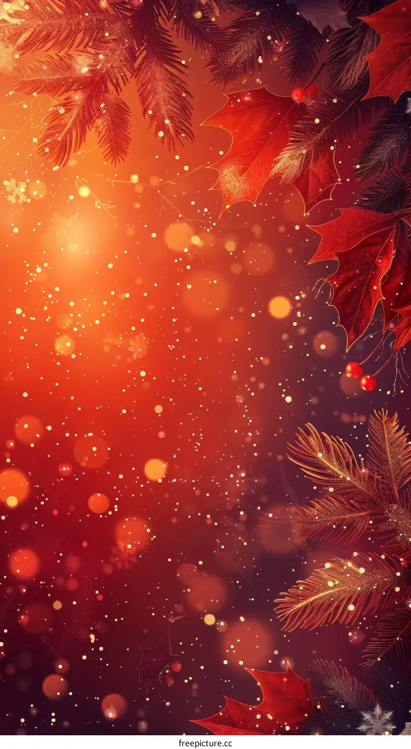 Christmas background with red and gold leaves