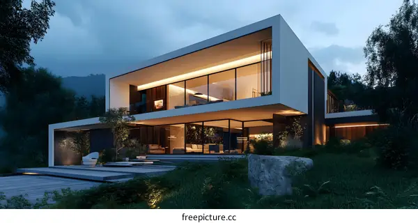Modern Architecture House Design with Glass Windows and Green Grass