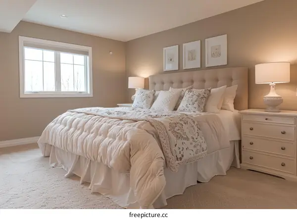 Relaxing Beige Bedroom with Large Bed and Decor