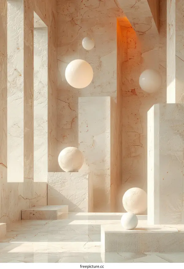 Minimalist 3D Room with Podiums and Spheres